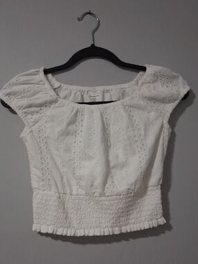 abercrombie kids White Eyelet Smocked Waist Crop Top